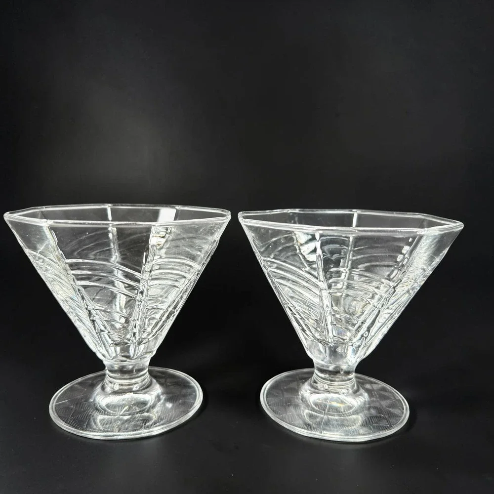 Dansk Summerhouse Clear Glass Footed Dessert Bowls Art Deco Hexagonal Set of 2‎